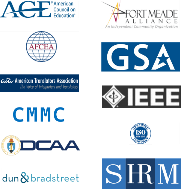 ACE, AFCEA, ATA, CMMC, DCAA, D&B, FMA, GSA, IEEE, ISO, SHRM